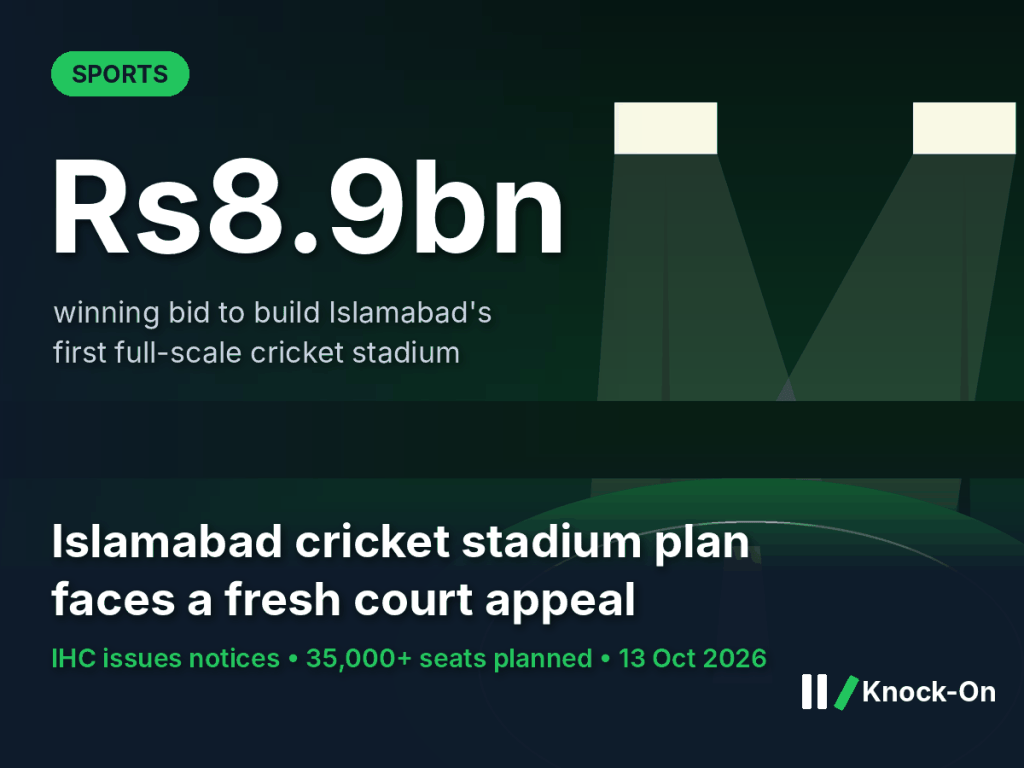 Islamabad cricket stadium infographic: Rs8.9bn winning bid for the planned stadium, shown over an illustrated floodlit cricket ground