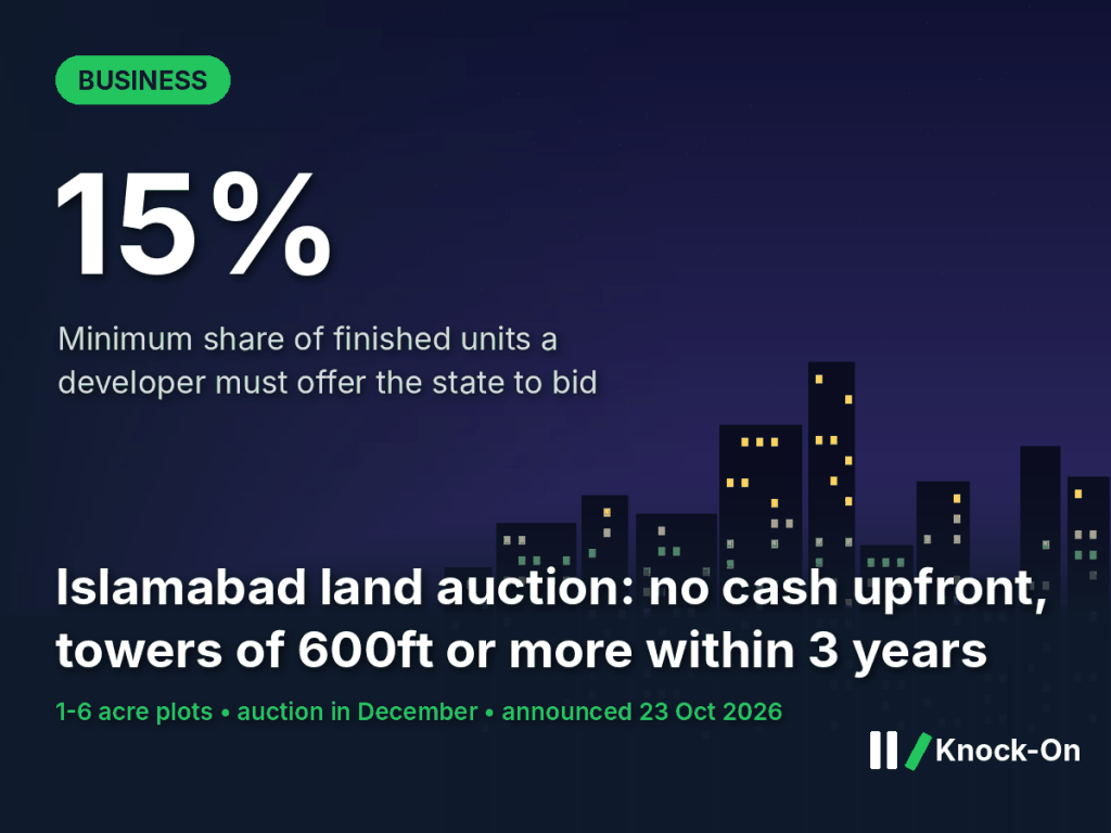 The Islamabad land auction in December asks for no money upfront. Developers will bid with a share of the towers they build instead.