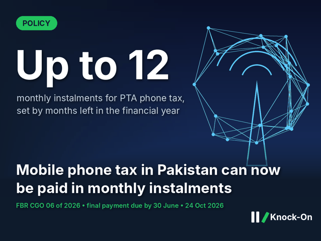 Mobile phone tax Pakistan infographic: up to 12 monthly instalments for sales tax on imported phones registered with PTA, final payment due by 30 June, shown over an illustrated telecom tower and network