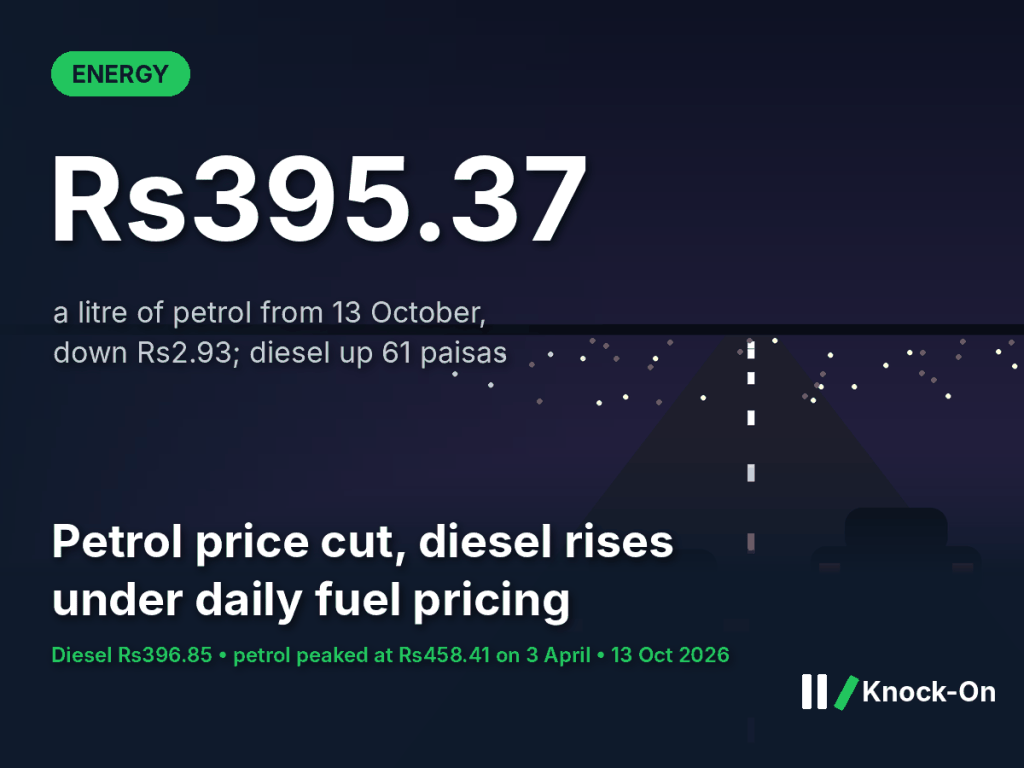 Petrol price Pakistan infographic: petrol cut by Rs2.93 to Rs395.37 a litre from 13 October 2026 while diesel rises 61 paisas to Rs396.85, shown over an illustrated highway at night