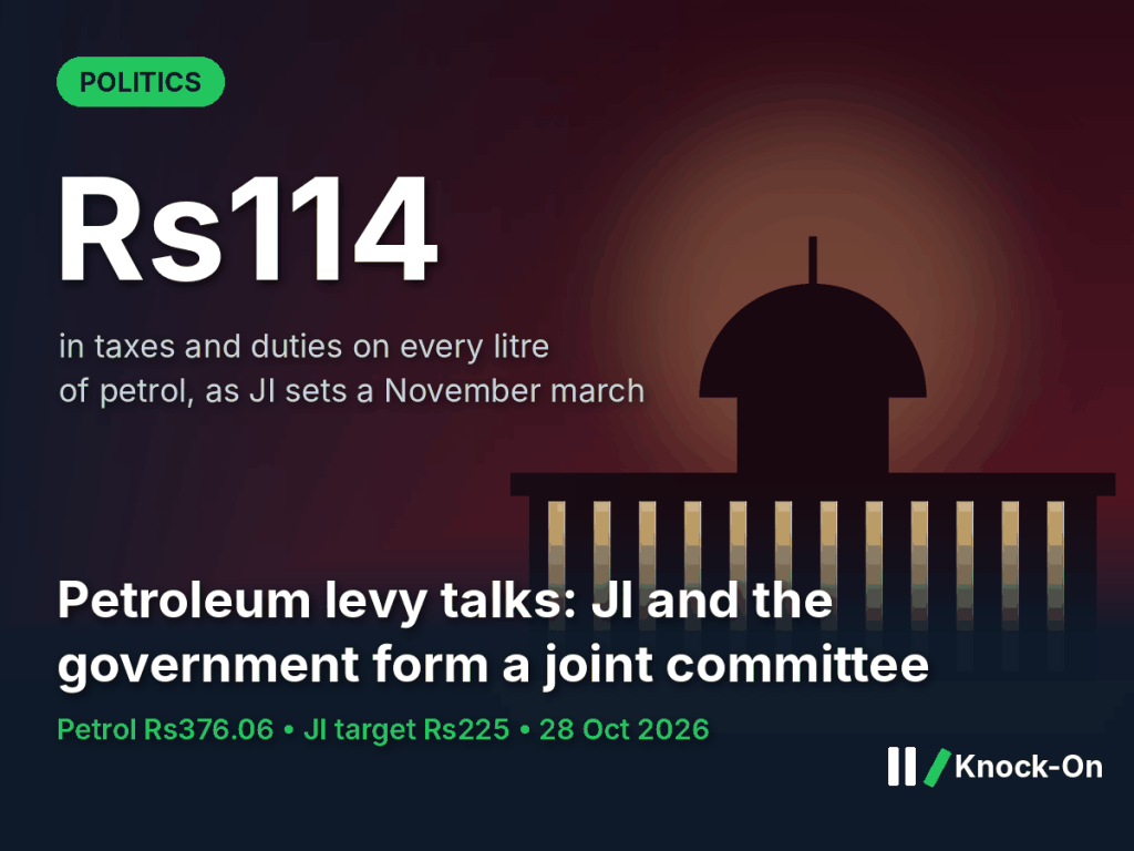 Petroleum levy Pakistan infographic: Rs114 a litre in taxes and duties on petrol, petrol at Rs376.06 and JI's Rs225 target, shown over an illustrated parliament dome at dusk